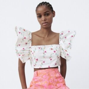 Zara White Floral Print Top